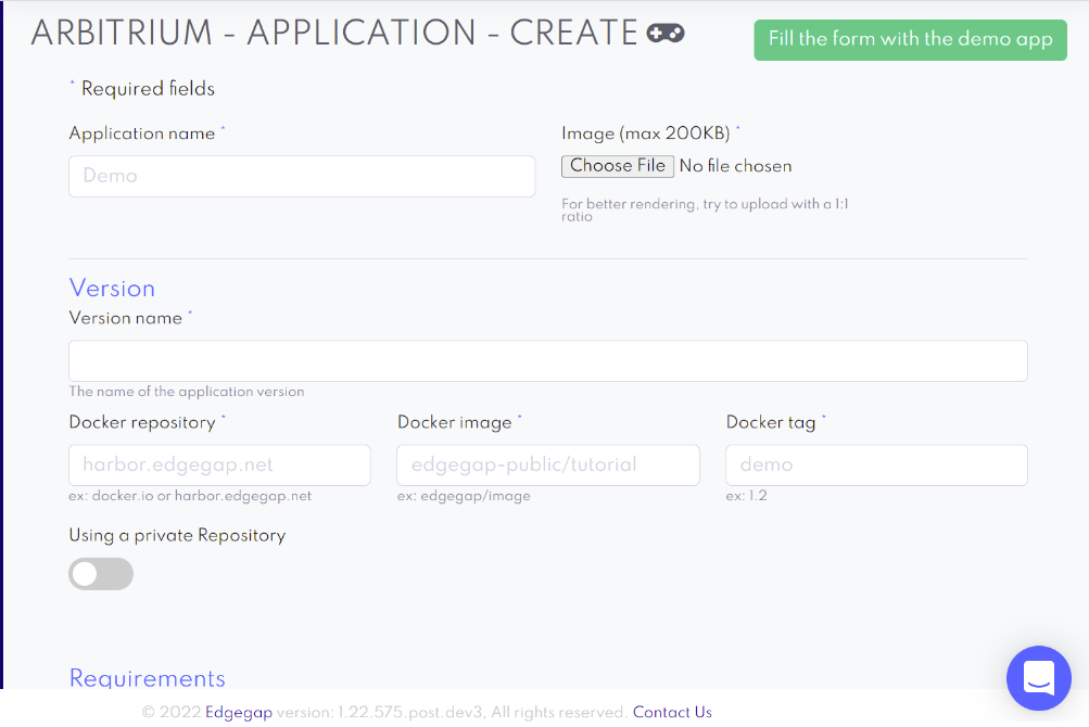 app creation form